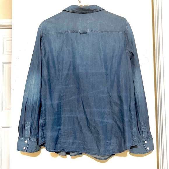 CHICO’S Denim Shacket pocket mother pearl buttons chambray women size Large - Picture 8 of 11